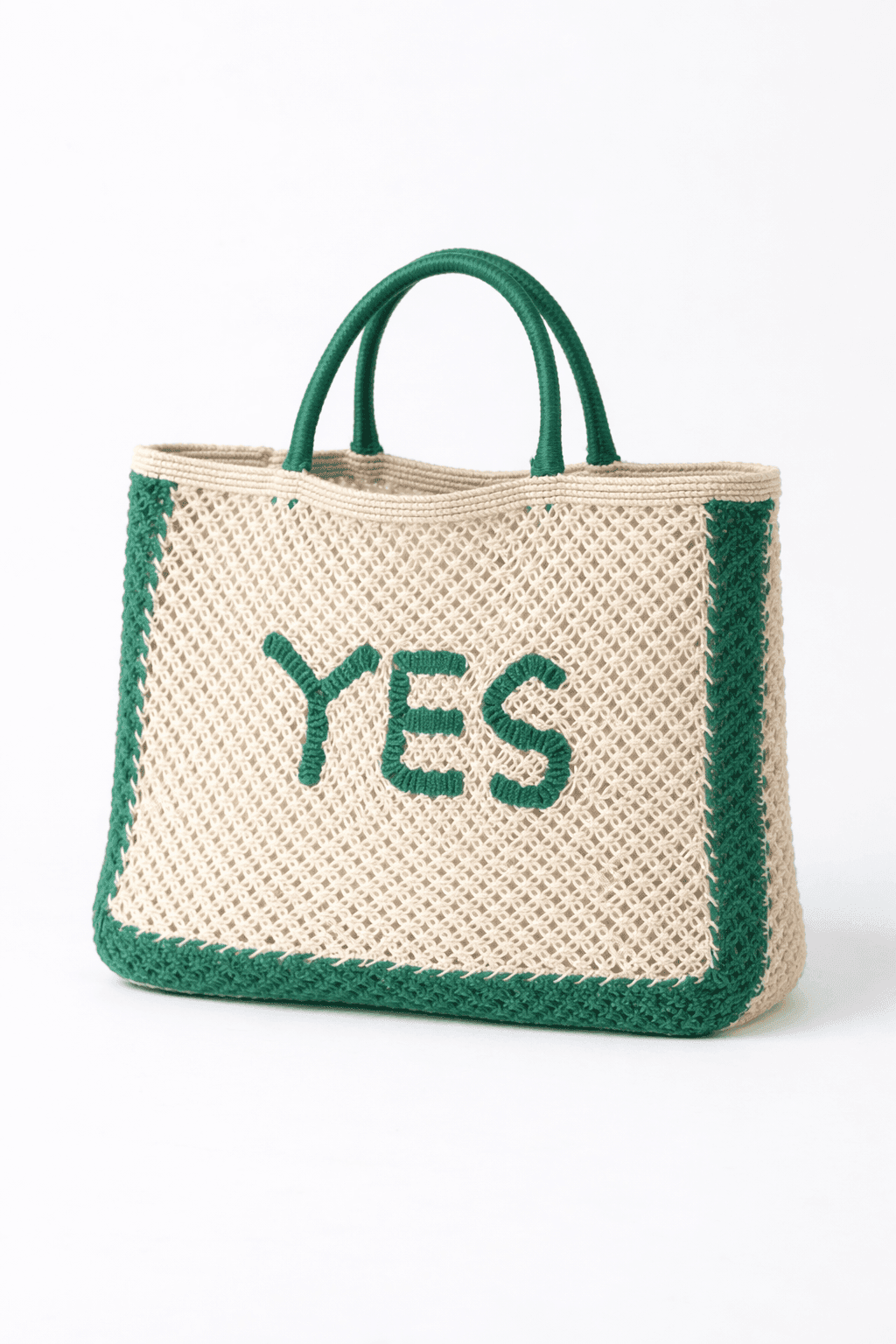 Green Border 'Yes' Macrame Tote